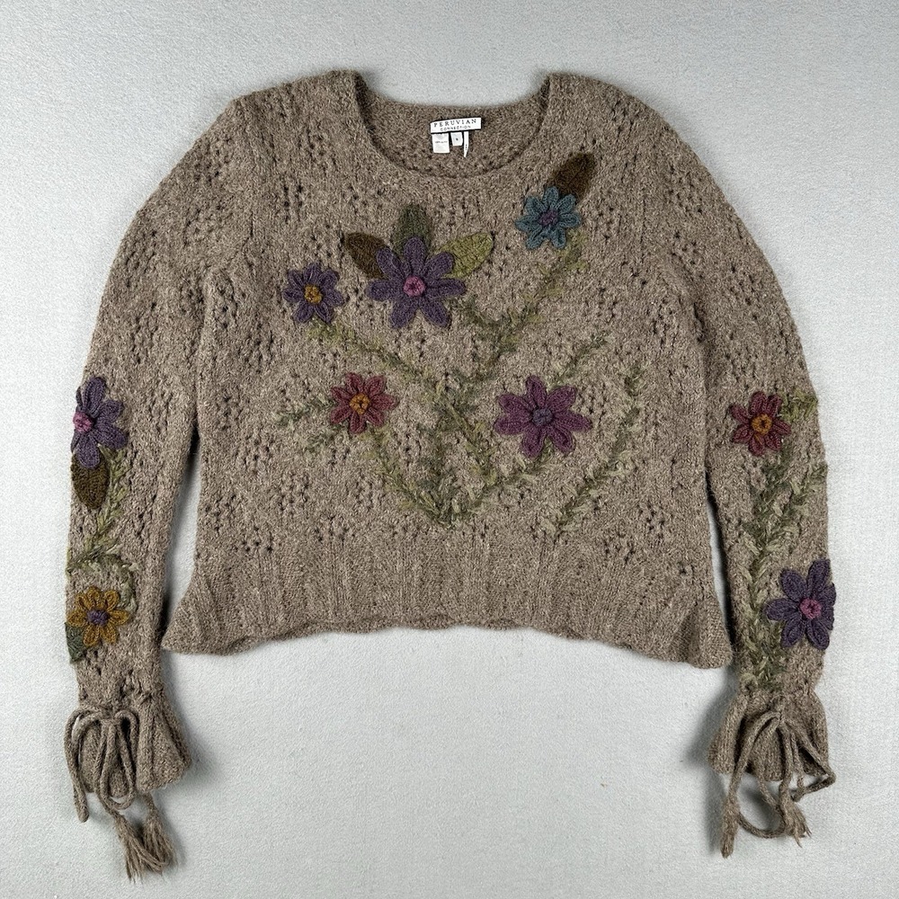 Peruvian‎ Connection Sweater Small Brown Alpaca Embroidered Floral Tie Sleeve